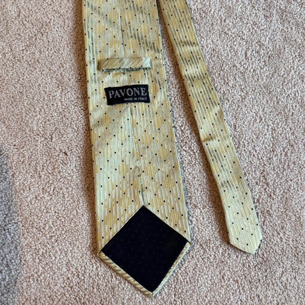 Pavone Gold Tone Silk Tie with Black Pin Dots - Picture 2 of 2